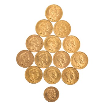 Dt. Kaiserreich Preussen/GOLD - 13x 20 Mark und 1x 10 Mark. 14 Stück.