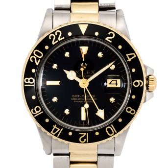 ROLEX GMT-Master Ref 1675 'Nipple Dial'  Herrenuhr von 1981. Box und Papiere. 