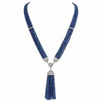 Saphir-Collier 4-reihig mit Brillanten und Quasten-Anhänger,