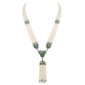 Quasten-Perlencollier 5-reihig  mit Brillanten zus. ca. 3,6 ct.