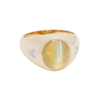 Bandring mit feinem Chrysoberyll-Katzenaugen Cabochon ca. 8 ct.  und seitlich 2 Brillanten