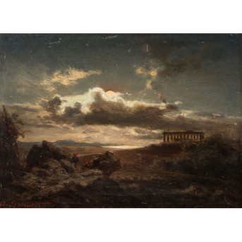 BROMEIS, AUGUST (1813-1881) "Südliche Landschaft mit Tempelruine im Abendlicht"