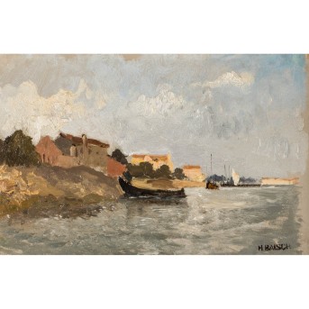BAISCH, HERMANN (1846-1894) "Flusslandschaft mit Booten und Häusern am Steilufer"