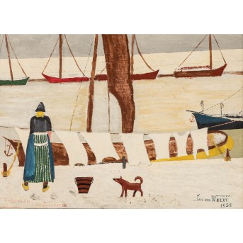 VAN WEERT, JAN (1871-1955) "Wäscheleine am Fluss mit Booten" 1952