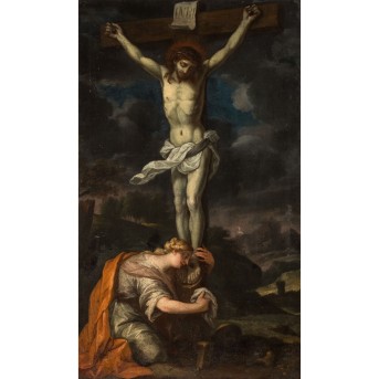 OBERITALIENISCHER MEISTER DES 17. JAHRHUNDERTS "Christus am Kreuz mit der heiligen Maria Magdalena"