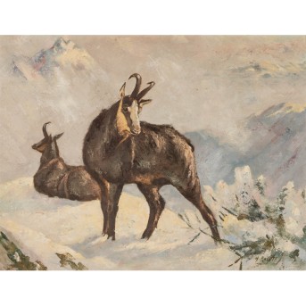 MALER DES XX JAHRHUNDERTS "Gemsen in hochalpiner Winterlandschaft"