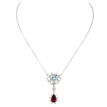 Collier mit Aquamarin 3,0 ct., Rubellit-Tropfen 2,6 ct. und Brillanten zus. 0,56 ct.