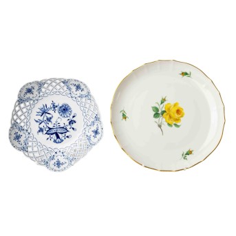MEISSEN MEISSEN Schale 'Zwiebelmuster' und Kuchenschale 'Gelbe Rose', 1. und 2. Wahl, 20. Jh.