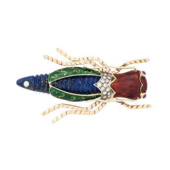Brosche 'Insekt' mit Lapis, Rubinen, Perle und Brillanten zus. ca 0,14 ct.