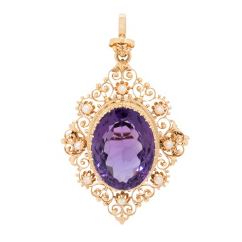 Anhänger/Brosche mit Amethyst und Halbperlen,