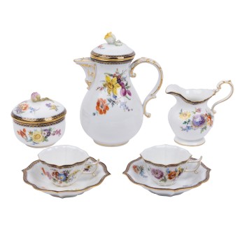 MEISSEN, Mokkaservice f. 2 Personen 'Blumenbukett mit Goldkante', 2. Wahl, nach 1924.