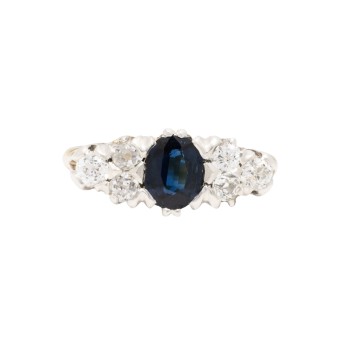 Ring mit Saphir und 6 Altschliffdiamanten,