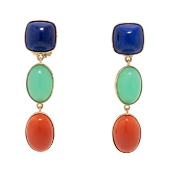 Paar Ohrhänger mit Lapislazuli, Achat und Koralle,
