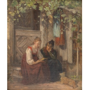MALER/IN 19./20. Jh., "Beim Lesen im Garten",