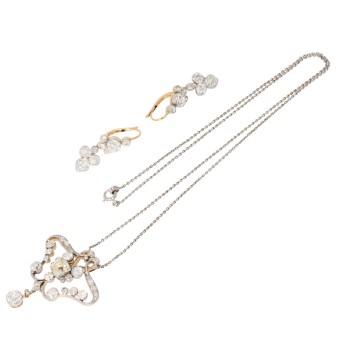 Elegantes antikes Set aus Collier und Ohrhängern mit Altschliff-Diamanten zus. ca. 10,00 ct. 