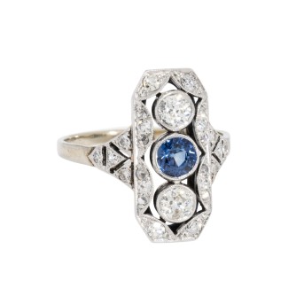 Art Déco Ring mit Saphir und Altschliffdiamanten,