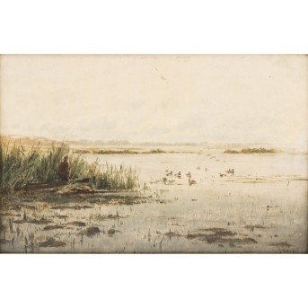 FERRY, JULES JEAN (1844-1900) "Jäger im Boot am Schilfufer"