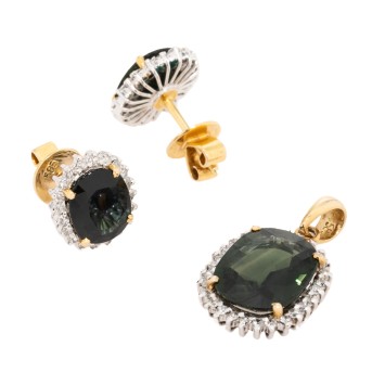 Schmuckset mit blau-grünen Saphiren und Diamanten