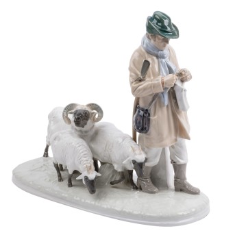 MEISSEN, Figurengruppe 'Strickender Schäfer mit Heidschnucken, 2. Wahl, 1924-1934.