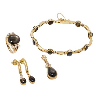 Schmuckset mit schwarzen Sternsaphiren und Zirkonia,