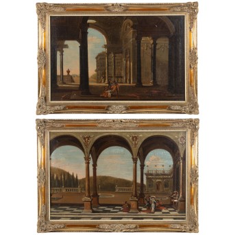 DEUTSCHER ODER ITALIENISCHER MEISTER DES 18. JAHRHUNDERTS "Paar Architektur-Capricci mit höfischen Gesellschaftsszenen"