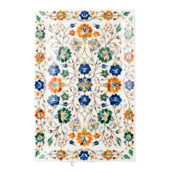 Rechteckiges Tablett aus weissem "Taj Mahal Marmor", AGRA/INDIEN, 2000er Jahre.
