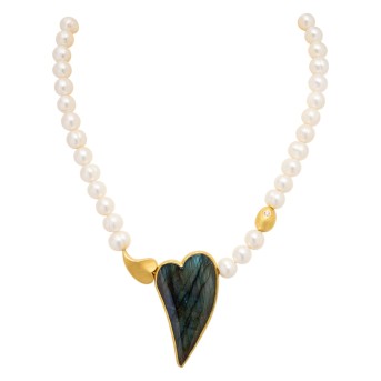 Perlencollier mit Labradoritherz und Brillant ca. 0,08 ct,