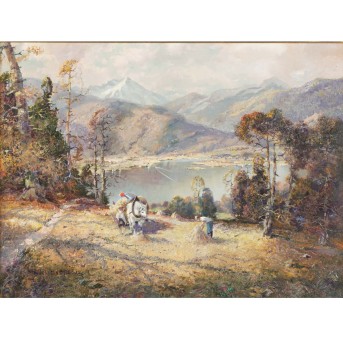 GSCHOSSMANN, LUDWIG (1894/1913- 1988) "Heuernte am Bergsee, wohl Tegernsee oder Schliersee"