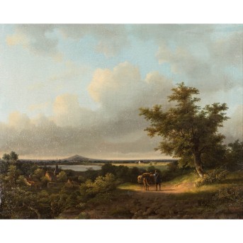 MALER/IN 18./19. Jh., "Reisender mit bepacktem Esel in weiter Flusslandschaft",