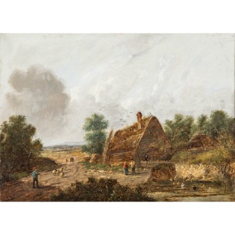 MALER/IN 18./19. Jh., "Reetgedecktes Haus am Weiher",