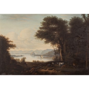 MALER/IN 18./19. Jh., "Hirte mit Kinderpaar und Tieren in Flusslandschaft",