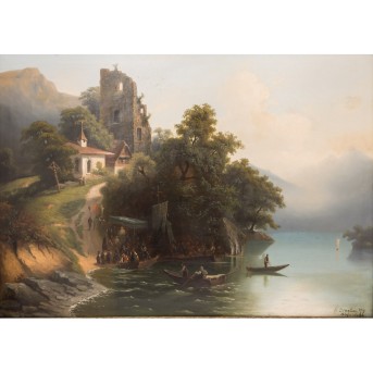 BRANDTUS oder BRANDTNER?, W. (? undeutlich signiert, 19. Jh), "Prozession im Gebirge", 1874,