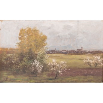 KORNBECK, JULIUS (1839-1920), "Schwäbische Landschaft mit blühenden Obstbäumen",