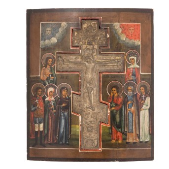 RUSSLAND 19. Jh., Mehrheiligenikone Beweinung Christi mit eingelegtem Ikonenkreuz,