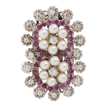 Anstecknadel floral mit Perlen, Rubinen und Diamanten