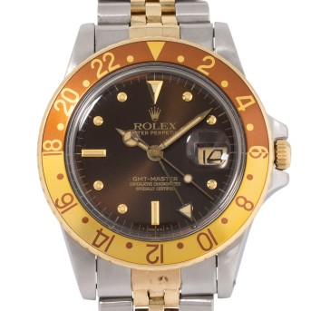 ROLEX GMT-Master 'RootBeer' Ref. 16753F 'Nipple Dial' Herrenuhr, ca. 1979.