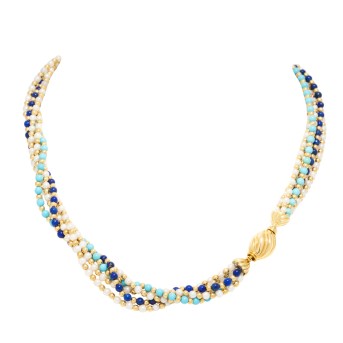 5-reihiges Collier mit Perlen, Türkisen, Lapislazuli,