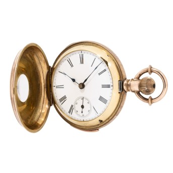 Halbsavonnette Taschenuhr, vergoldet mit Viertelstundenrepetition um 1890.