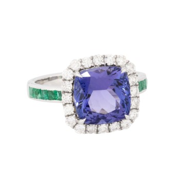 Ring mit Tansanit, Brillanten und Smaragden, 