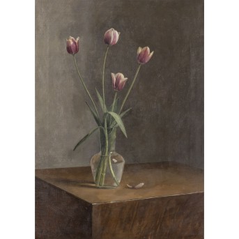 GALE, RICHARD (1946), "Stillleben mit Tulpen in Glasvase",
