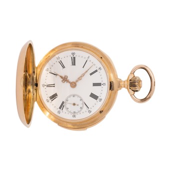 Anonyme Schweizer Savonnette-Taschenuhr mit Viertelstunden-Repetition in 14K Roségold.