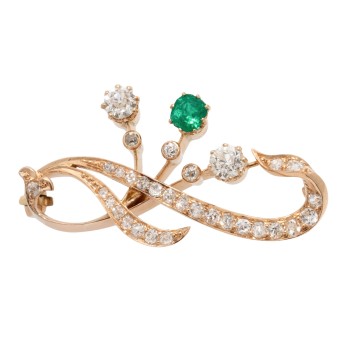 Jugendstil Brosche mit Smaragd und Diamanten