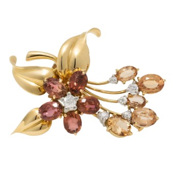 Brosche mit Turmalinen zus. ca. 8,5 ct und Altschliffdiamanten