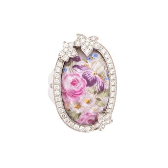 MEISSEN Ring mit Porzellanplatte unter fac. Bergkristall