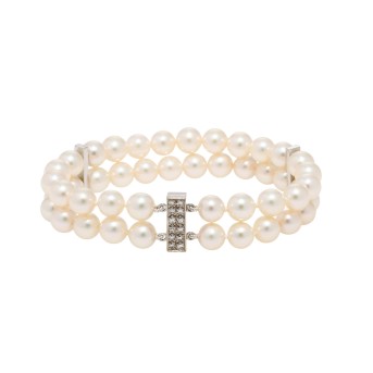 2-reihiges Armband mit Akoyaperlen und Diamanten