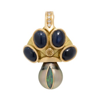 UNIKAT Clip-Anhänger mit 4 Saphircabochons, Brillanten,