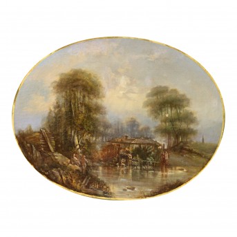 BEZ. XAVIER (19th c.): Ideal landscape with with a hut on the pond and figural staffage. 1858, 72x92, frame.