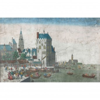 Guckkastenblatt mit Fischmarktszene vor dem Hintergrund der Burg Het Steen in Antwerpen, 18. Jh.
