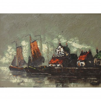 LANDSCAPE, 20th century: Dutch harbor view.