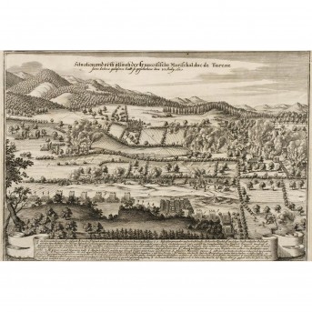 1 Bl. Kupferstich: Sasbach /Baden, Ansicht des brennenden Ortes